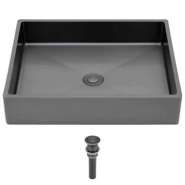 Logmey 19 Inch Black Bathroom Vessel Sink 19x15 Inches Handmade Stainless Steel Above Counter Bathroom Sink 16 Gauge Rectangle Vessel Sink with Drainer