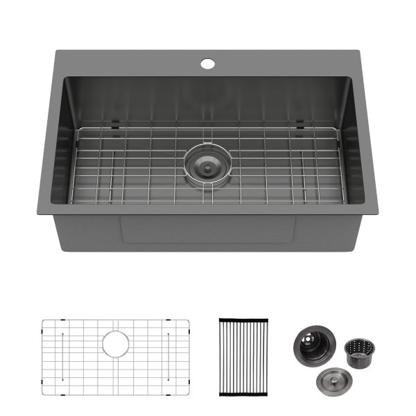 Logmey 30 Inch Drop In Kitchen Sink - 30x19 Stainless Steel Topmount Black Sink 16 Gauge Overmount Kitchen Sink Single Bowl Sink 30x22x9 Inches Handmade Sink