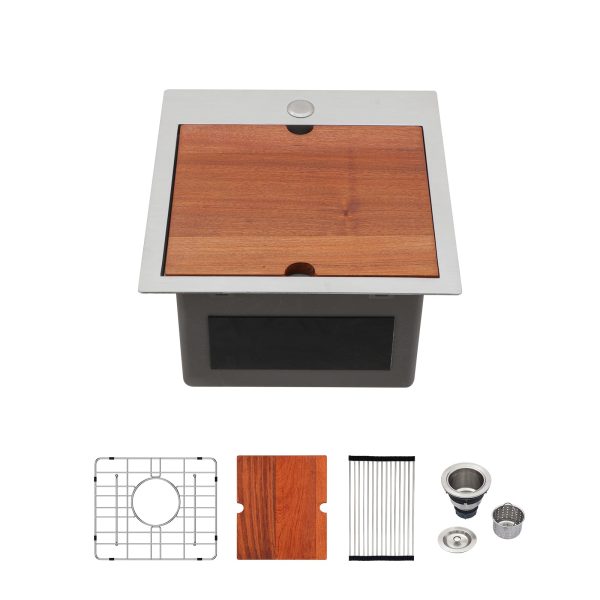 Logmey 15 Inch Bar Sink Drop In - 15x15 Inch Drop In Kitchen Sink Bar Prep Sink Stainless Steel Workstation Sink 16 Gauge Single Bowl Topmount Kitchen Sinks Round Corner Small RV Sink