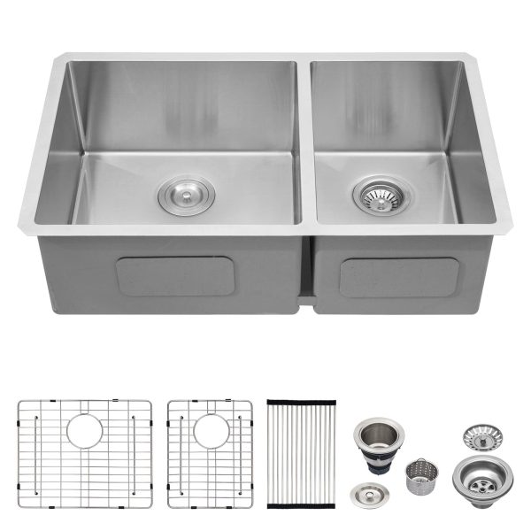 Logmey 33 Double Undermount Kitchen Sink - 33x19 Inch Bowl Kitchen Sink 60/40 16 Gauge Stainless Steel Kitchen Sinks 33x19x9 In