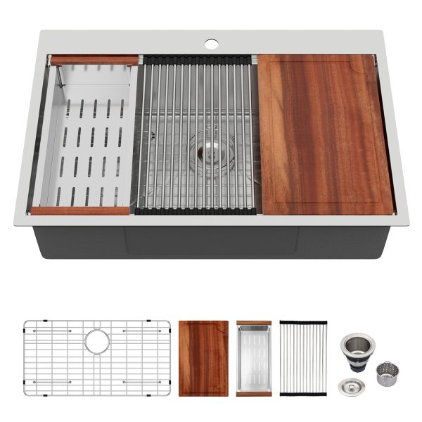 Logmey 33 Drop In Kitchen Sink 33x22 Inch Workstation Sink16 Gauge Stainless Steel Drop in Ledge Workstation Sink Single Bowl Topmount Sink 22x33x9 Inches Overmount Workstation Kitchen Sinks