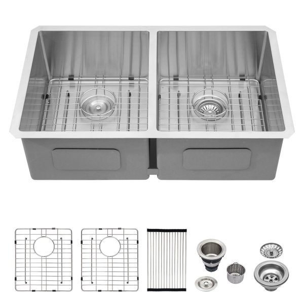 Logmey 33 Undermount Double Bowl Kitchen Sink - 33x19 Inch Stainless Steel Kitchen Sink 16 Guage Double 50/50 Kitchen Sinks 33x19x9 Inch Double Sinks