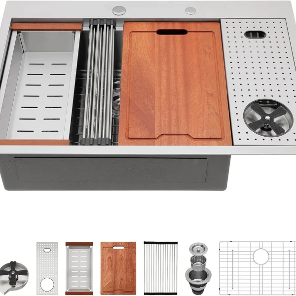 Logmey 33 Drop In Kitchen Sink - 33x22 Inch Drop In Sink Ledge Workstation Kitchen Sink Stainless Steel Topmount Sink with Glass Rinser 16 Guage Single Bowl Kitchen Sink with Cup Washer