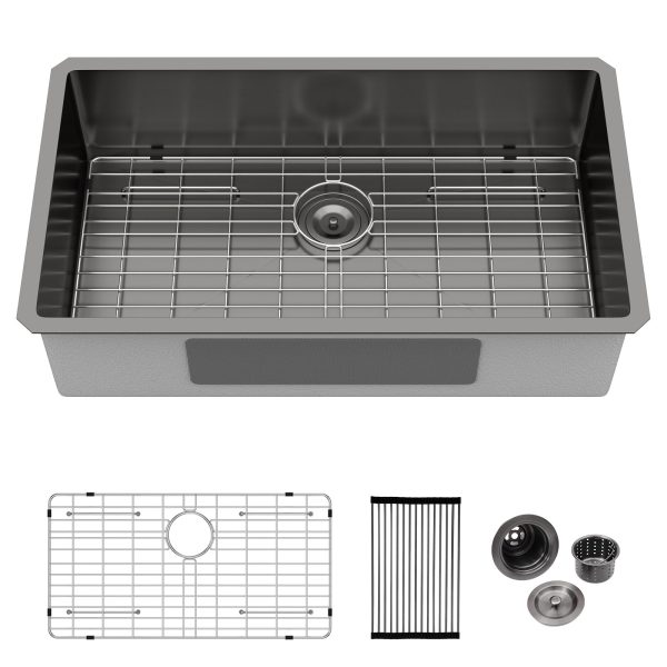 Logmey 33 Inch Black Undermount Kitchen Sink - 33x19 In Gunmetal Black Handmade Undermount Kitchen Sinks Stainless Steel 16 Gauge Single Bowl Kitchen Sink 19x33x9
